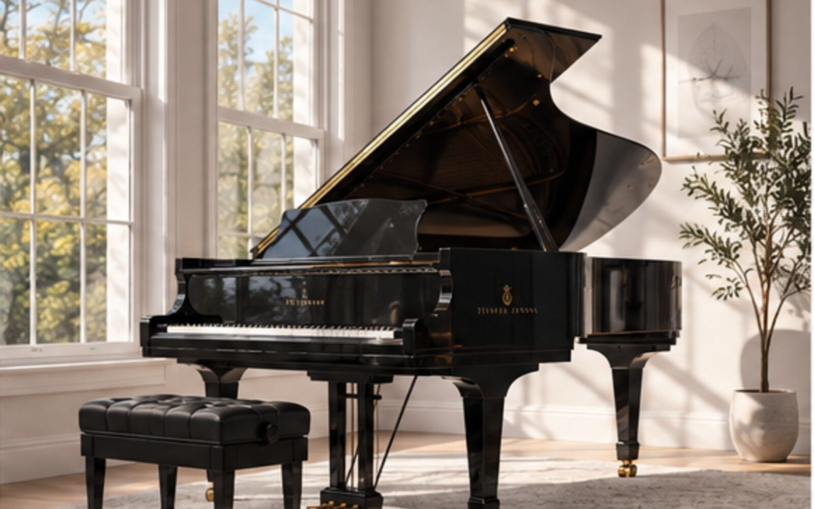 Elegant sunlit grand piano room